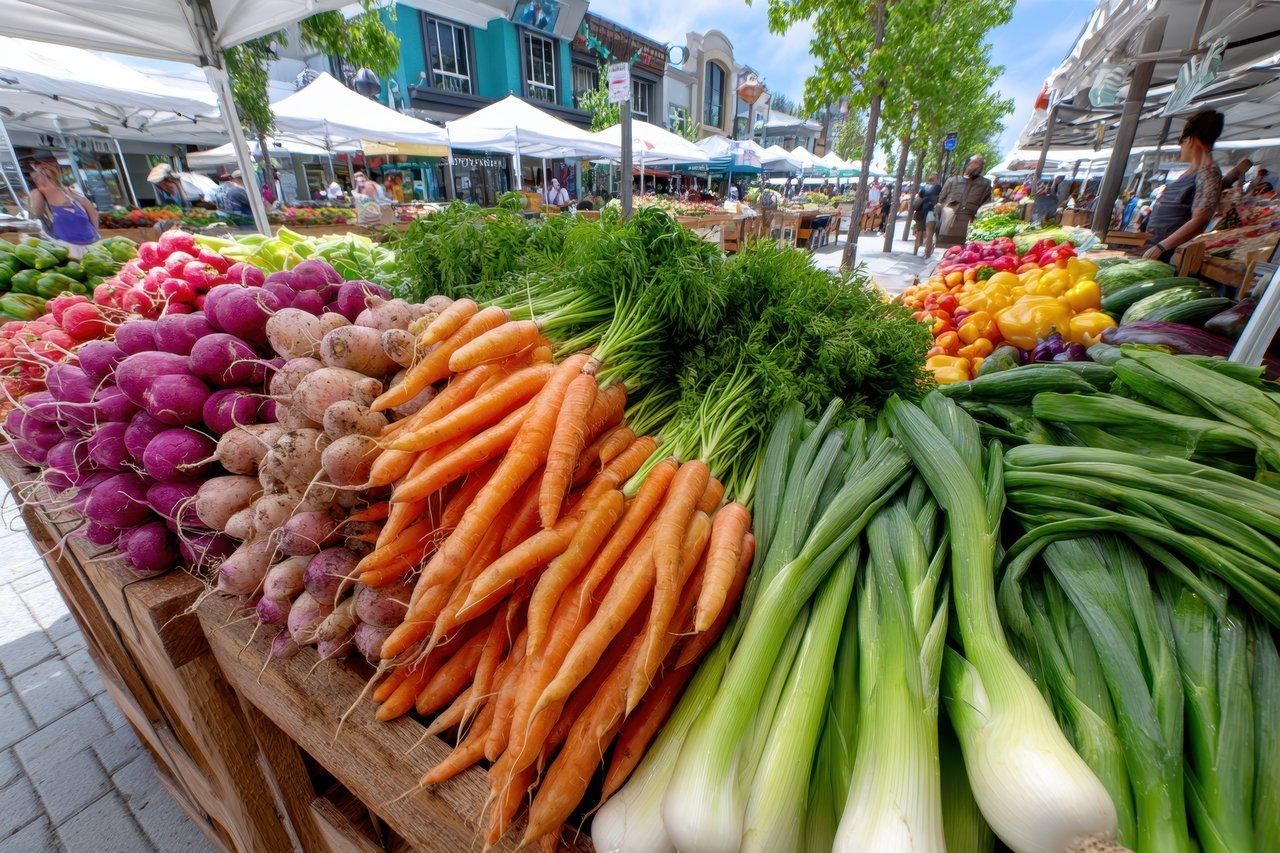 Marché de producteurs normands avec stands colorés et visiteurs dégustant des spécialités du terroir.